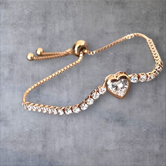 14K Rose GP tennis bracelet with large clear CZ heart Charm & adjustable size - Picture 1 of 4